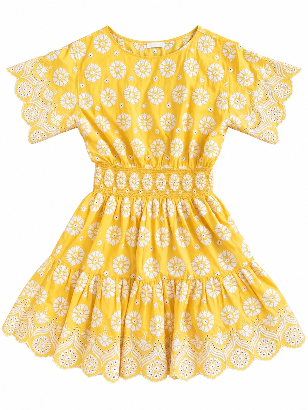 Tory Burch Yellow Eyelet Midi Dress with White Embroidery